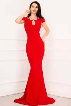 Rochie de nasa Cyntia eleganta rosie cu volane la umeri si colier pretios imagine