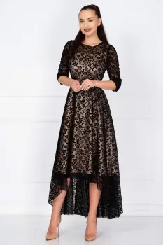 Rochie de ocazie asimetrica Francesca cu model floral din catifea si dublura bej imagine