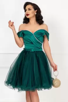 Rochie de ocazie baby-doll verde cu fronseuri si banda din strassuri imagine