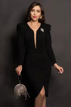 Rochie de ocazie cambrata neagra cu brosa detasabila imagine