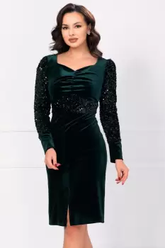 Rochie de ocazie Celia din catifea verde cu maneci din paiete imagine