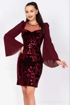 Rochie de ocazie din catifea bordo Celine cu maneci din voal si model paietat imagine