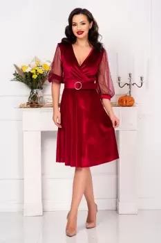 Rochie de ocazie din catifea bordo cu maneci din tulle imagine
