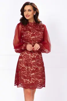 Rochie de ocazie din dantela bordo cu maneci din tulle imagine