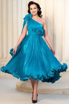 Rochie de ocazie eleganta Caroline turquoise midi din voal peliculizat plisat imagine