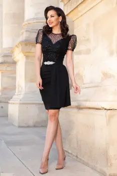 Rochie de ocazie eleganta neagra Angie cu paiete si trena pe o parte imagine