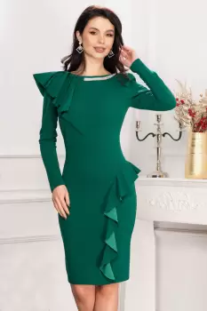 Rochie de ocazie Mariel verde cu volane si banda din strassuri imagine