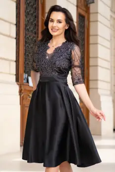 Rochie de ocazie midi neagra Lucrezia din tafta cu broderie imagine