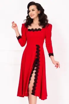 Rochie de ocazie midi rosie Jade in clos cu insertii de dantela imagine