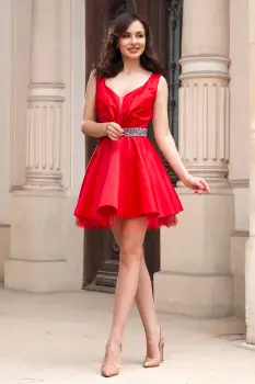 Rochie de ocazie rosie in clos din tafta Urania cu volan din tulle imagine