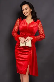 Rochie de ocazie rosie Madeline din catifea cu maneci paietate imagine