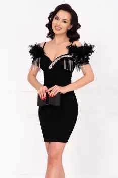 Rochie de ocazie scurta neagra Mercia decorata cu strassuri si fulgi imagine