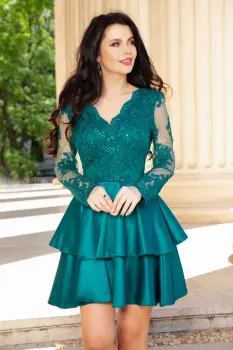 Rochie de ocazie verde baby-doll eleganta cu dantela si volane imagine