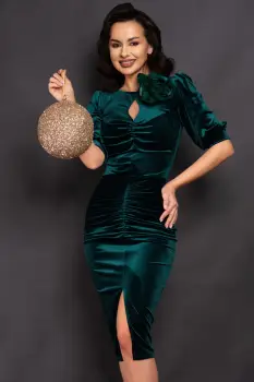 Rochie de ocazie verde din catifea Lupita cu floare decorativa imagine