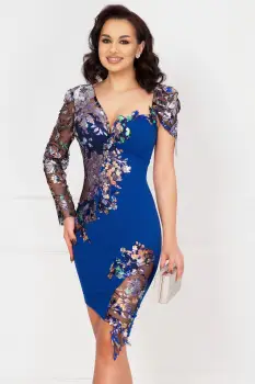 Rochie de seara Adelina albastru royal cu flori pastelate si paiete imagine
