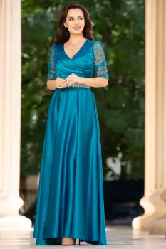 Rochie de seara aqua Giorgia lunga din tafta cu maneci paietate imagine