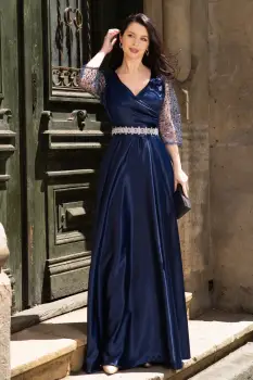 Rochie de seara bleumarin Giorgia lunga din tafta cu maneci paietate imagine