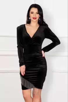 Rochie de seara din catifea Norah neagra cu franjuri din strassuri imagine