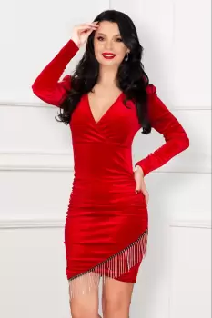 Rochie de seara din catifea Norah rosie cu franjuri din strassuri imagine