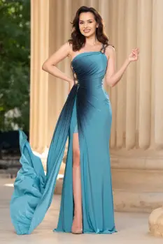 Rochie de seara din lycra Gisella aqua in degrade imagine