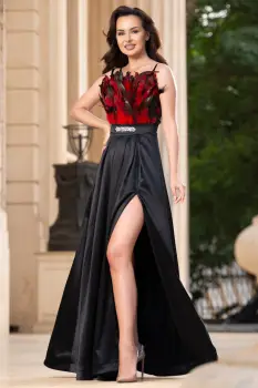 Rochie de seara din tafta Giuliana cu bust decorat cu pene rosii imagine
