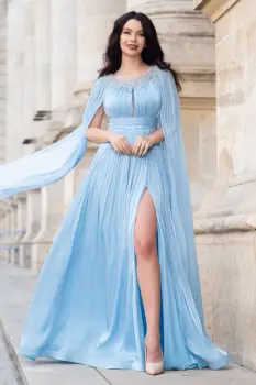 Rochie de seara eleganta Anubis bleu cu maneci trena si aplicatii pretioase imagine