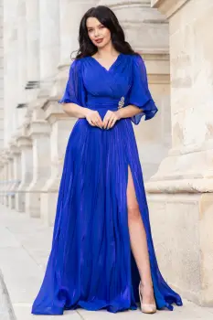 Rochie de seara eleganta Fausta albastra cu maneci fluture si pliseuri imagine