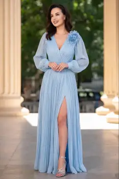 Rochie de seara eleganta Gabriella bleu cu drapaje si floare 3D imagine