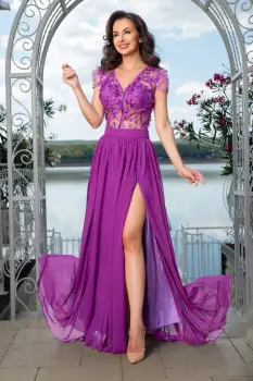 Rochie de seara eleganta Larissa mov din voal cu flori 3D imagine