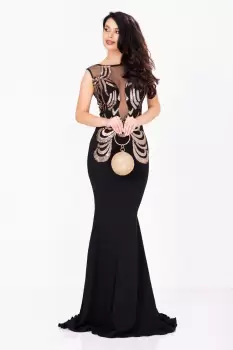 Rochie de seara eleganta lunga Bekky neagra cu model din paiete aurii imagine