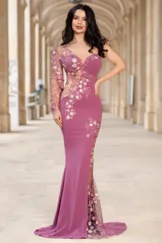 Rochie de seara eleganta lunga lila Anelisse tip sirena cu flori de cires brodate imagine