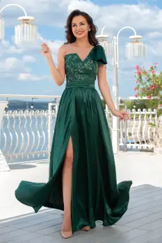 Rochie de seara eleganta lunga verde Ellis cu funda pe umar imagine