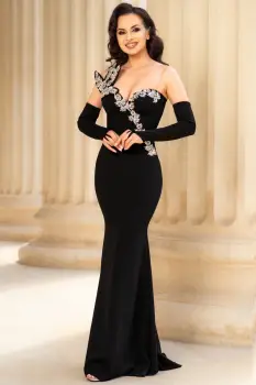 Rochie de seara eleganta neagra Lorenza cu aplicatii pretioase argintii imagine