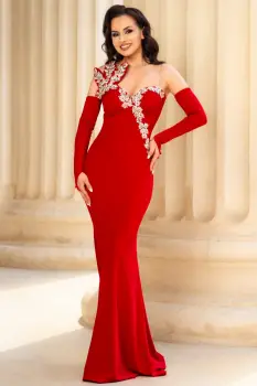 Rochie de seara eleganta rosie Lorenza cu aplicatii pretioase argintii imagine