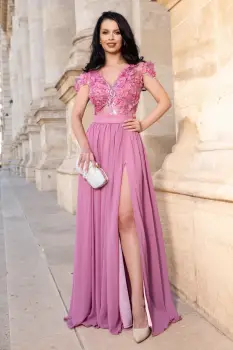 Rochie de seara eleganta roz Larissa din voal cu flori 3D imagine