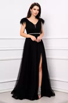 Rochie de seara Gratiela neagra cu perle in talie si accesoriu tip fulgi imagine