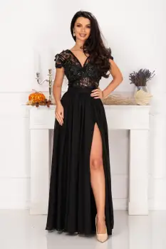 Rochie de seara Larissa neagra din voal cu flori 3D imagine