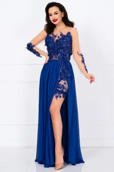 Rochie de seara lunga albastra Mikaela decorata cu flori 3D imagine