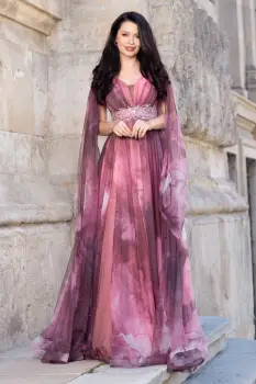 Rochie de seara lunga Alessandra cu imprimeu tip pictura in nuante pastelate imagine