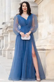 Rochie de seara lunga eleganta bleu Esmeralda cu glitter imagine