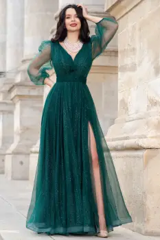 Rochie de seara lunga eleganta verde Esmeralda cu glitter imagine