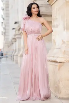 Rochie de seara lunga Fiorella rose cu flore 3D pe umar imagine