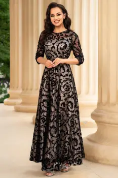 Rochie de seara lunga Francesca cu frunze din catifea si dublura bej imagine