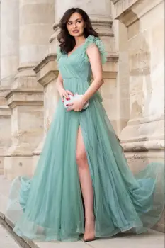 Rochie de seara lunga mint Nemesis cu glitter si flori 3D pe umeri imagine