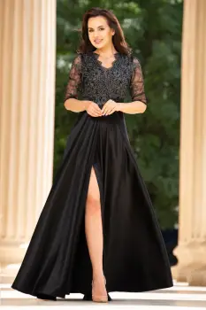 Rochie de seara lunga neagra Lucrezia din tafta cu broderie imagine