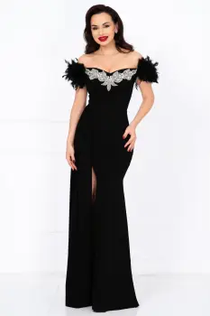 Rochie de seara lunga neagra tip sirena Alissa cu fulgi si trena imagine