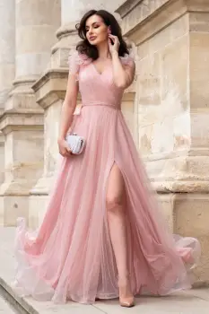 Rochie de seara lunga rose Nemesis cu glitter si flori 3D pe umeri imagine