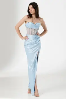 Rochie de seara lunga Sabina bleu cu fronseuri si pietre pretioase imagine