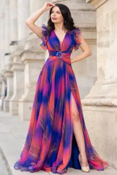 Rochie de seara lunga Tereza albastra cu imprimeu tip pictura imagine