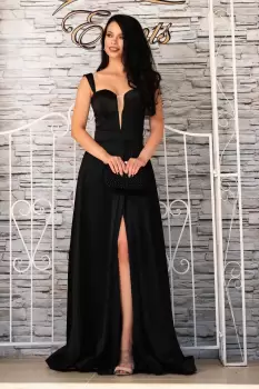 Rochie de seara lunga Yennifer neagra cu crapatura pe picior imagine